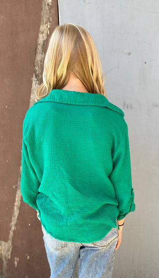 Kelly Green Gauze Button Up