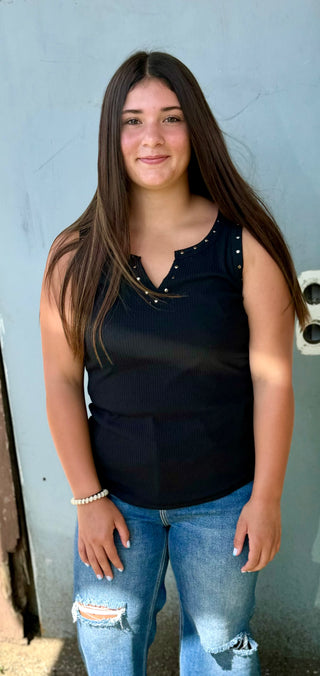 Black Studded Notch Neck Tank