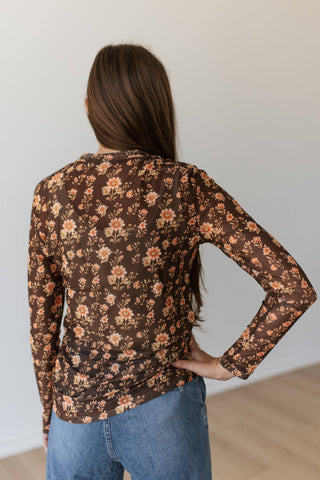 Brown Floral Mesh Top