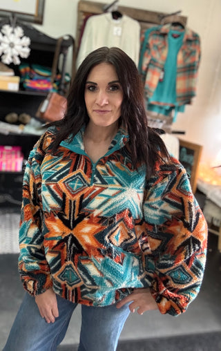 Turquoise Aztec 1/4 Zip Sherpa Pullover