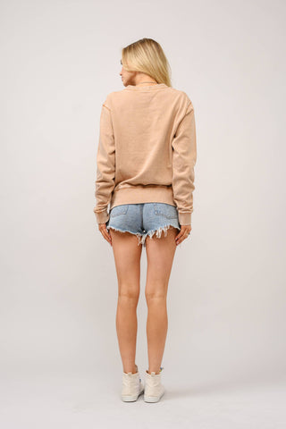 Camel Washed V Neck Studded Pullover
