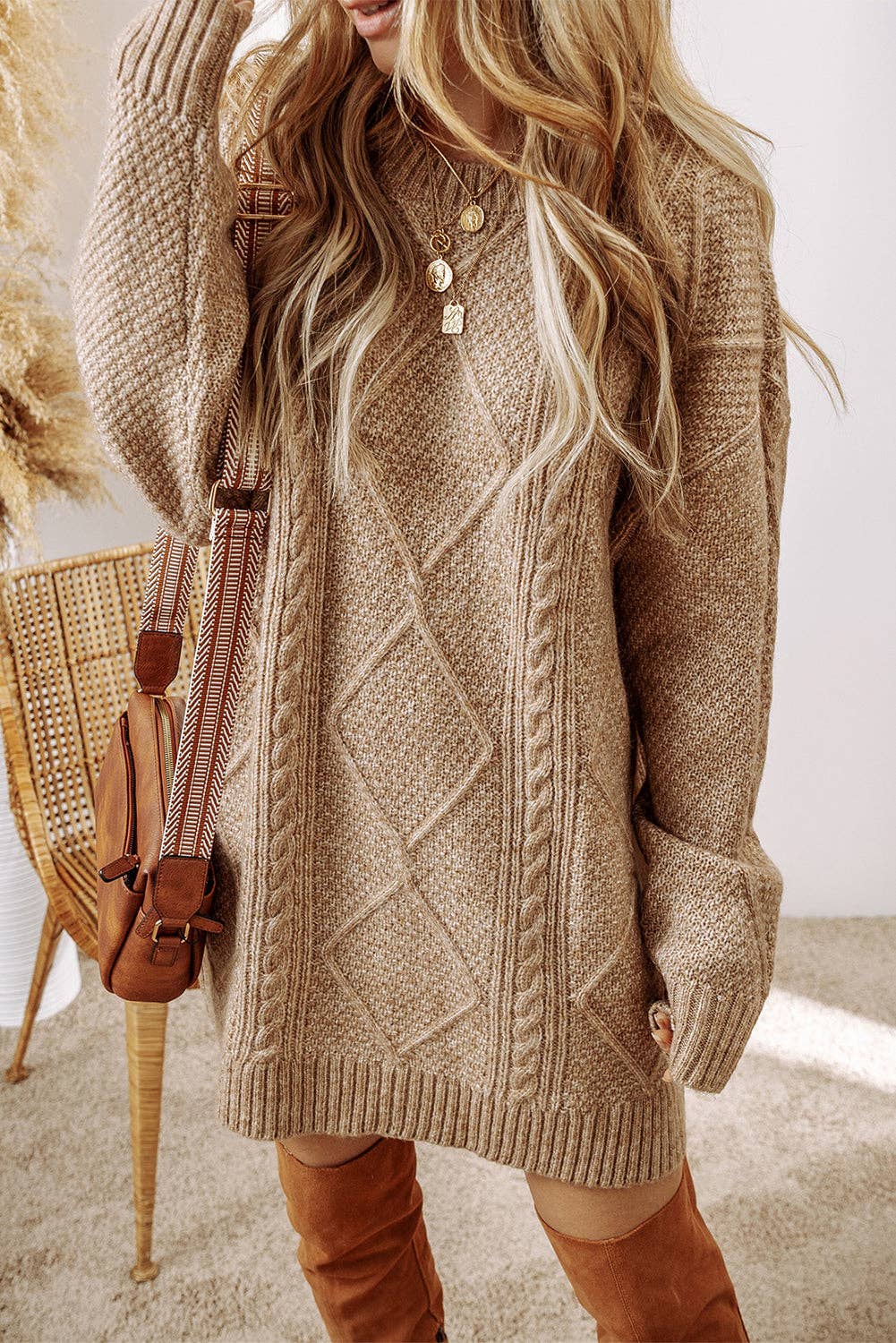 beige cable knit sweater dress Beige Cable Knit V-Neck Mini Sweater Dress for Fall