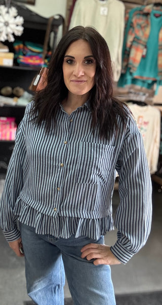 Denim Blue Striped Peplum Button Up