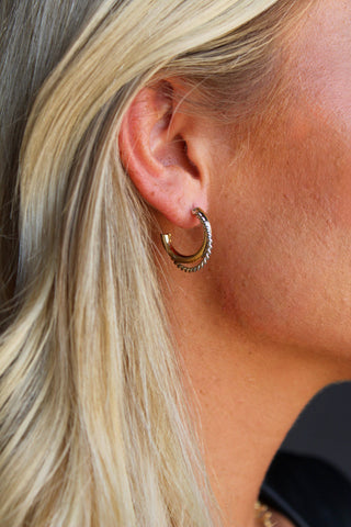 Two-Tone 18k Gold Plated Braided Edge Half Hoop Post Earring