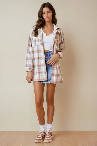 Beige Hooded Plaid Jacket