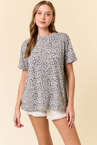 Grey Leopard Printed Crew Neck Short Sleeve Tee