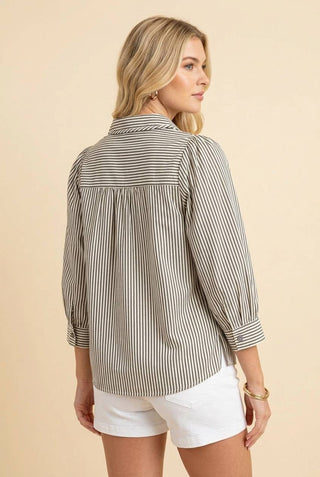 Black Railroad Stripe V-Neck Puff Sleeve Blouse