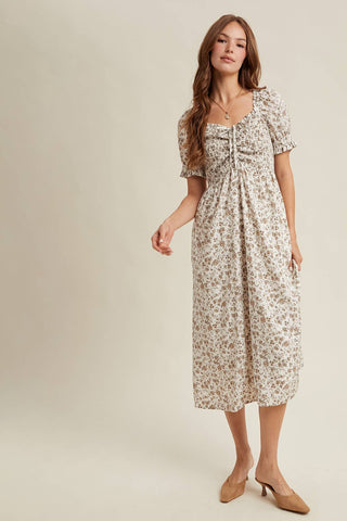 Cream Floral Ruched Midi Dress