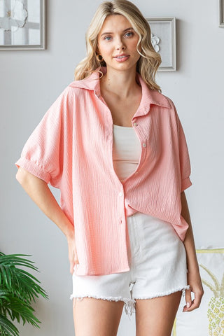 Pink Banded Sleeve Button Down Top