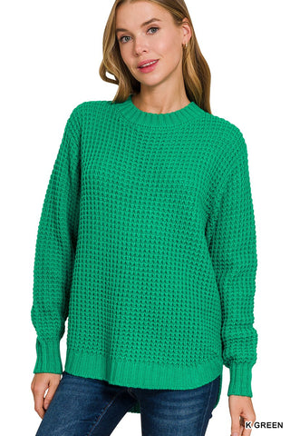 Kelly Green Round Neck Waffle Sweater