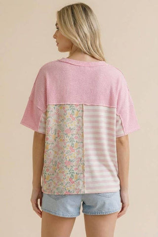Pink Stripe Floral Print Color Block Loose Fit Top
