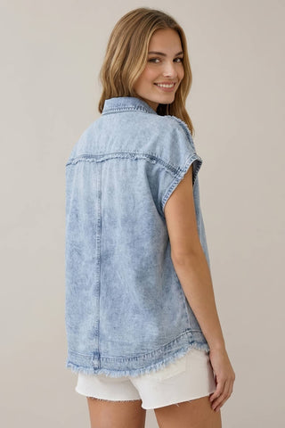 Tencel Denim Fray Short Sleeve Top