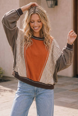 Rust Relaxed Fit Color Block Pullover Sweater