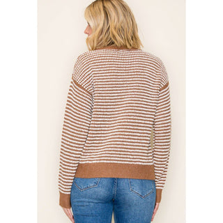 Camel Waffle Striped Pullover Sweater
