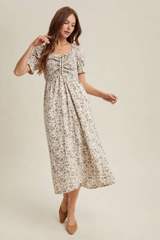 Cream Floral Ruched Midi Dress