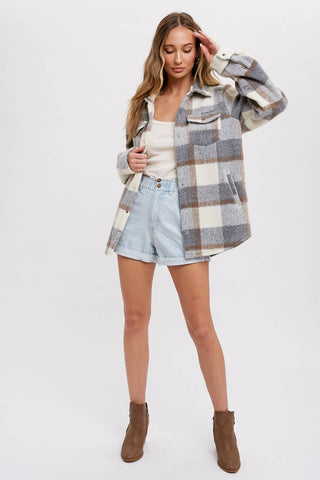 Grey Brushed Flannel Plaid Shacket