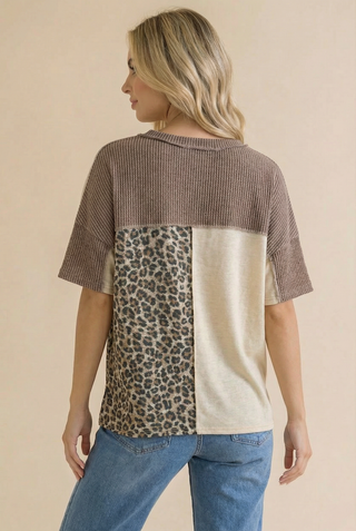 Leopard Color Block Ribbed Knit Top
