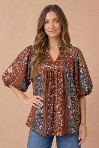 Rust Mixed Print Notched Babydoll Top