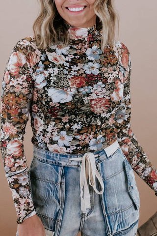 Brown Floral Long Sleeve Mesh