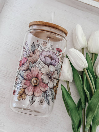 Pink Floral 16oz Glass Cup