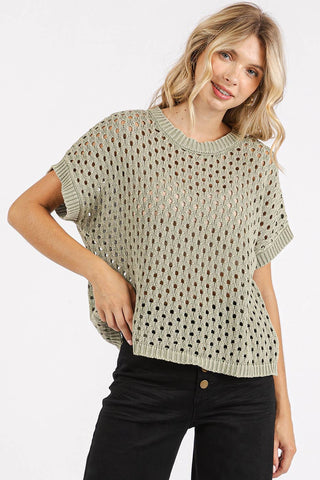 Green Tea Mineral Wash Open Knit Short Sleeve Sweater