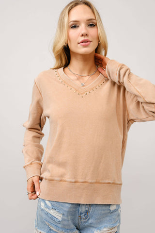 Camel Washed V Neck Studded Pullover