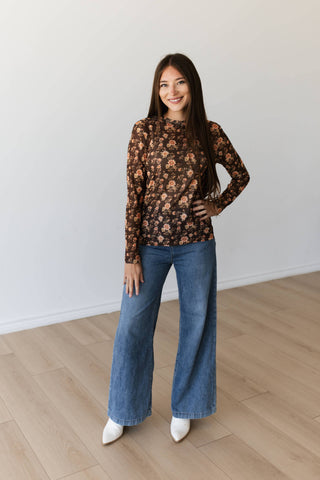 Brown Floral Mesh Top
