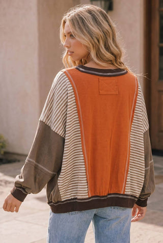 Rust Relaxed Fit Color Block Pullover Sweater