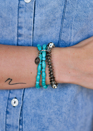 3 Strand Turquoise & Silver Disc Bead Stretch Bracelet