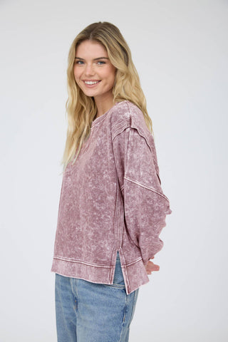 Maroon Acid Wash Side Slit Long Sleeve Top