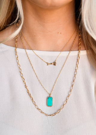 24" Layered Gold Chain Necklace w/ Arrows and Turquoise Bar