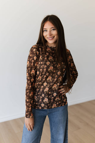 Brown Floral Mesh Top