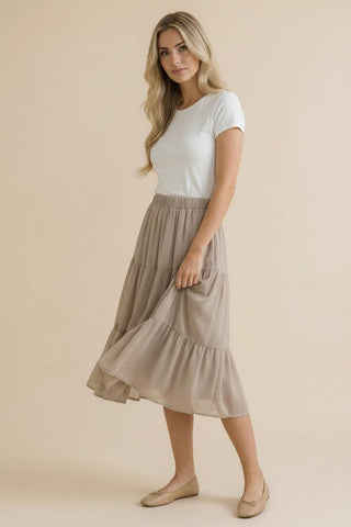 Taupe Tiered Midi SkirtElastic Waist Tiered Midi Skirt With Lining