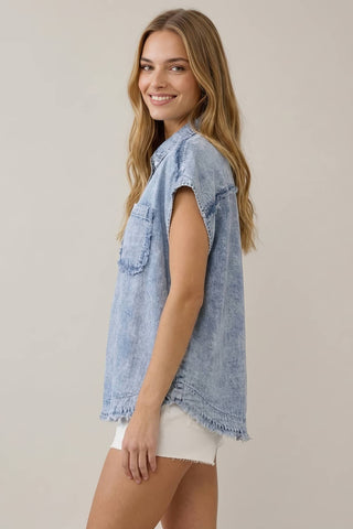 Tencel Denim Fray Short Sleeve Top