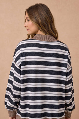 Navy Striped Mock Neck Balloon Sleeve Knit Top