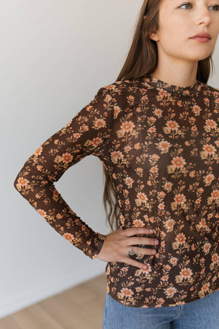 Brown Floral Mesh Top