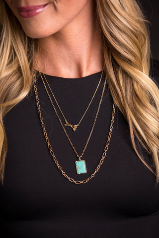 24" Layered Gold Chain Necklace w/ Arrows and Turquoise Bar