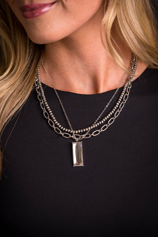 Silver Multi Layered Necklace W/ Rhinestone Bar Pendant