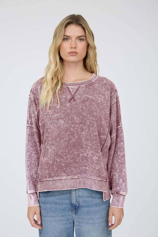 Maroon Acid Wash Side Slit Long Sleeve Top