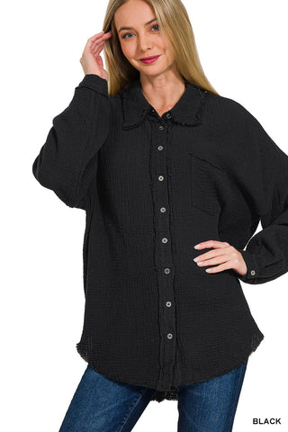 Black Gauze Oversized Button Up Shirt