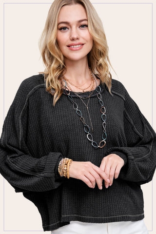 Black Waffle Textured Long Sleeve Top