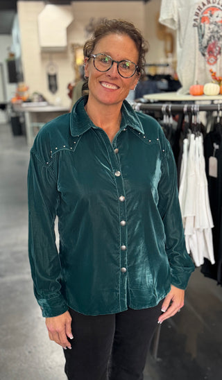 Teal Studded Velvet Shirt