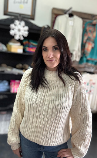 Cream Mock Neck Cable Knit Sweater