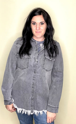 Grey Fray Hem Denim Shirt