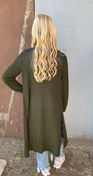 Olive Waffle Open Cardigan