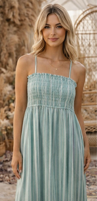 Striped Shoulder Tie Midi Dress