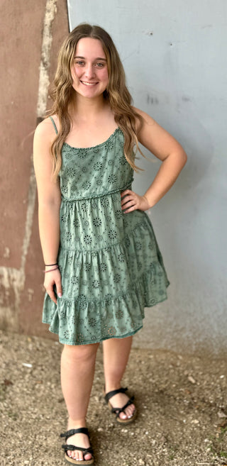 Washed Sage Eyelet Mini Dress Rustic Roots 605 Washed Sage Eyelet Mini Dress Rustic Roots 605