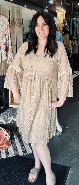 Taupe All Lace Bell Sleeve Dress Rustic Roots 605 Taupe All Lace Bell Sleeve Dress Rustic Roots 605