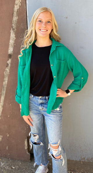 Kelly Green Gauze Button Up