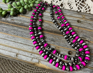 Hot Pink Triple Strand Stone Necklace
